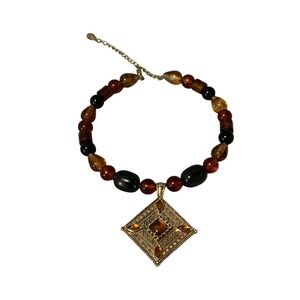 Bijoux Terner Choker Amber‎ Bead Necklace Gold Stone Pendant Statement Boho